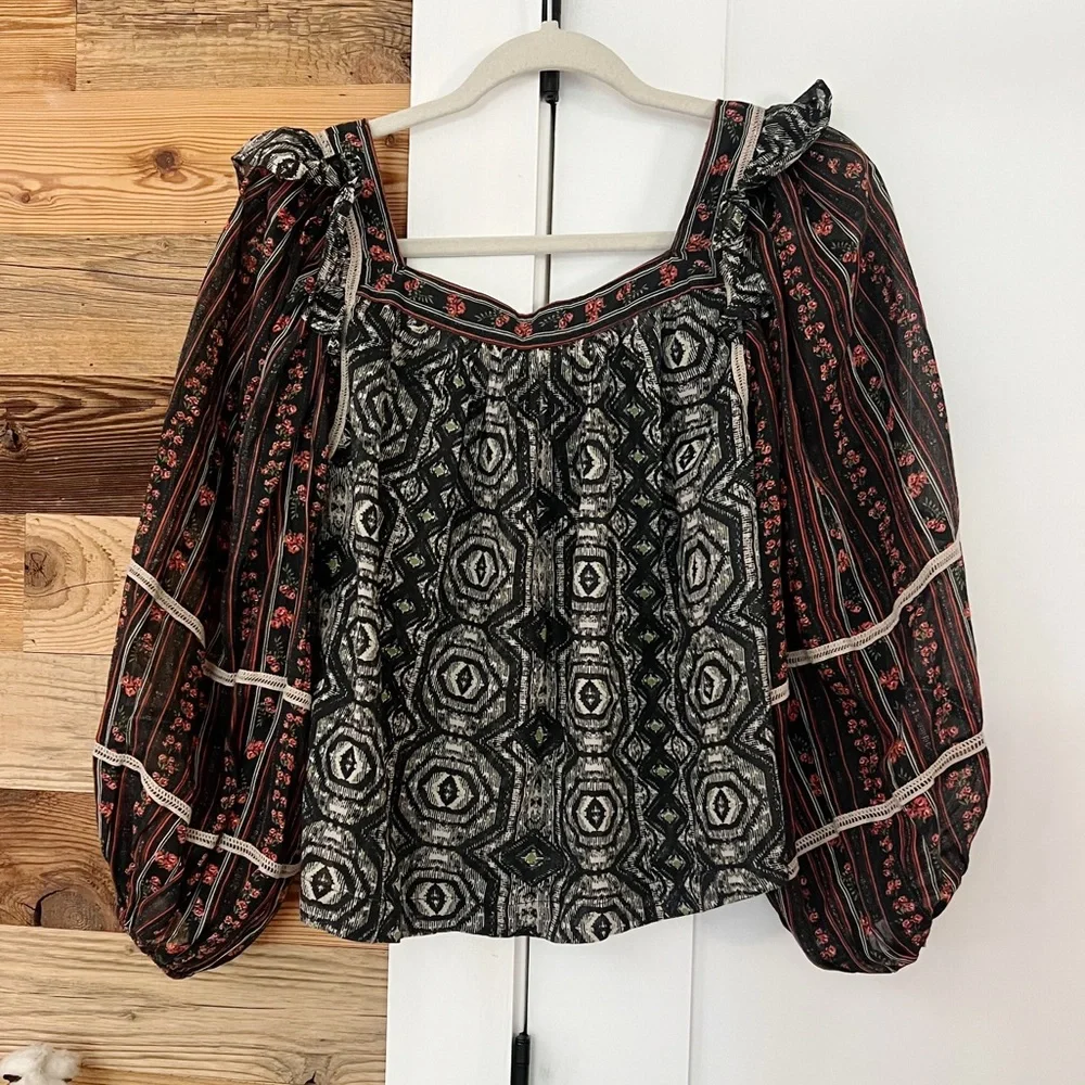Free People Mostly Meadow Puff Sleeve Ruffle Shoulder Blouse Black